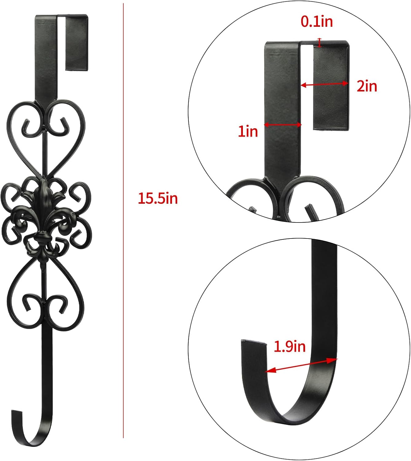 Black Wreath Hanger for Front Door - Elegant, Heavy Duty Metal Design, 15.5" - Decor for Easter, Christmas