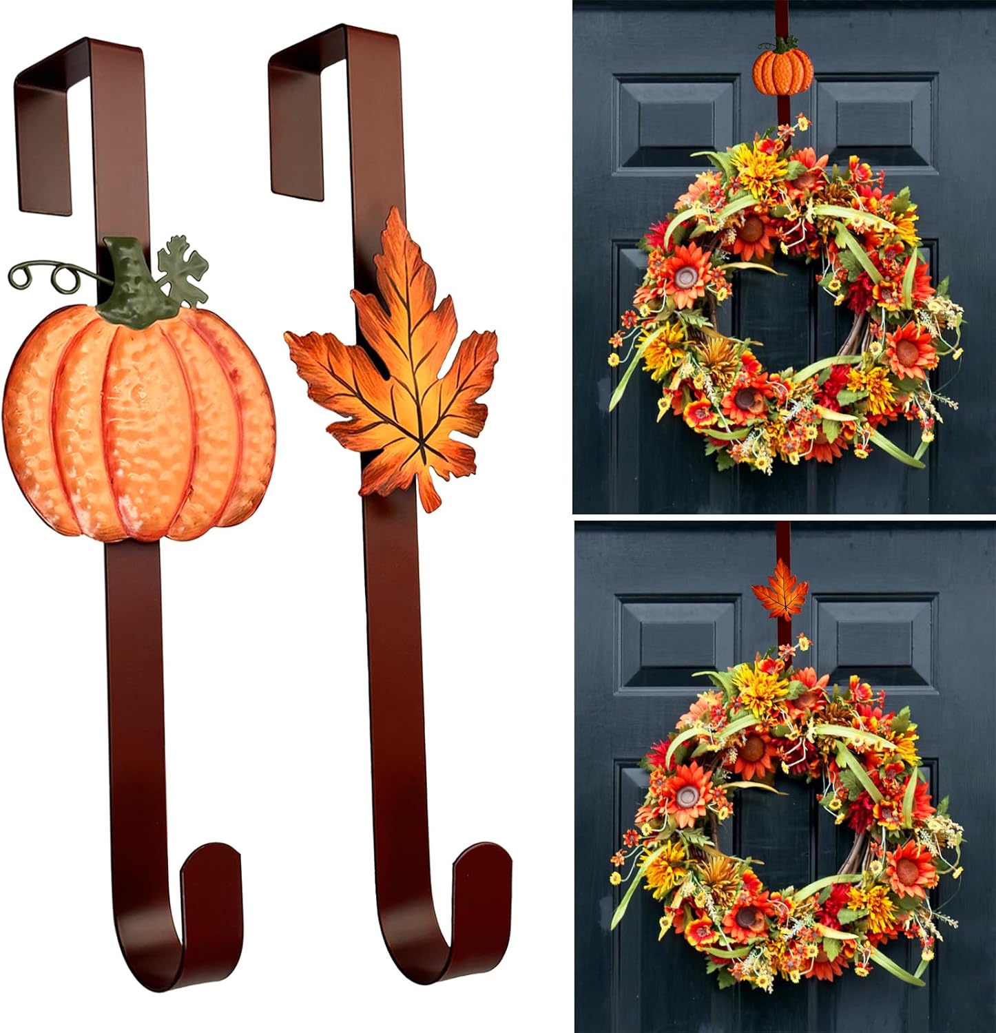 2 Pack Metal Wreath Hangers for Front Door, Pumpkin&Maple Leaves Fall Wreath Door Hanger Over The Door Single Wreath Hanger, Halloween Wreath Hanger Ornament Fall Decoration Wreath Hangers(burgundy)