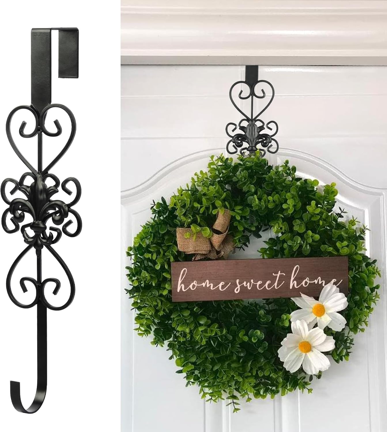 Black Wreath Hanger for Front Door - Elegant, Heavy Duty Metal Design, 15.5" - Decor for Easter, Christmas