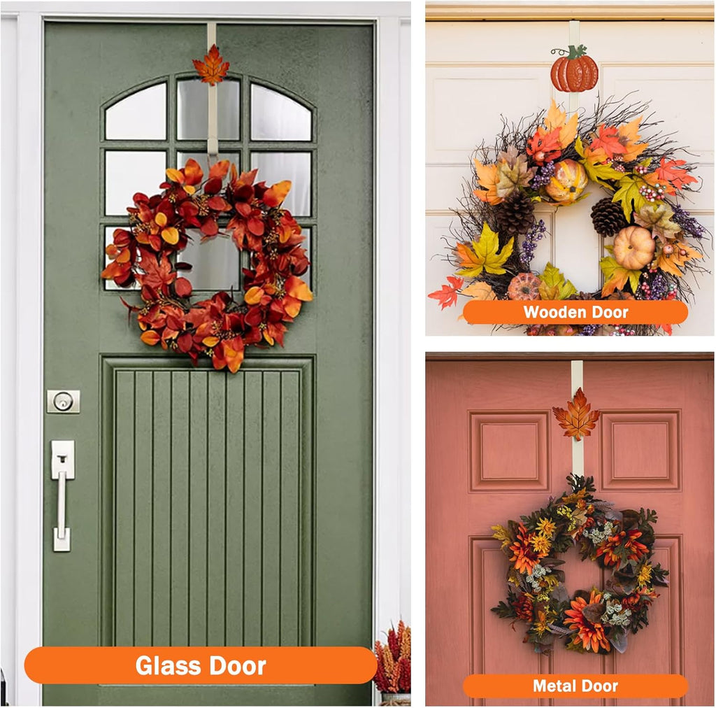 2 Pack Metal Wreath Hangers for Front Door, Pumpkin&Maple Leaves Fall Wreath Door Hanger Over The Door Single Wreath Hanger, Halloween Wreath Hanger Ornament Fall Decoration Wreath Hangers(burgundy)