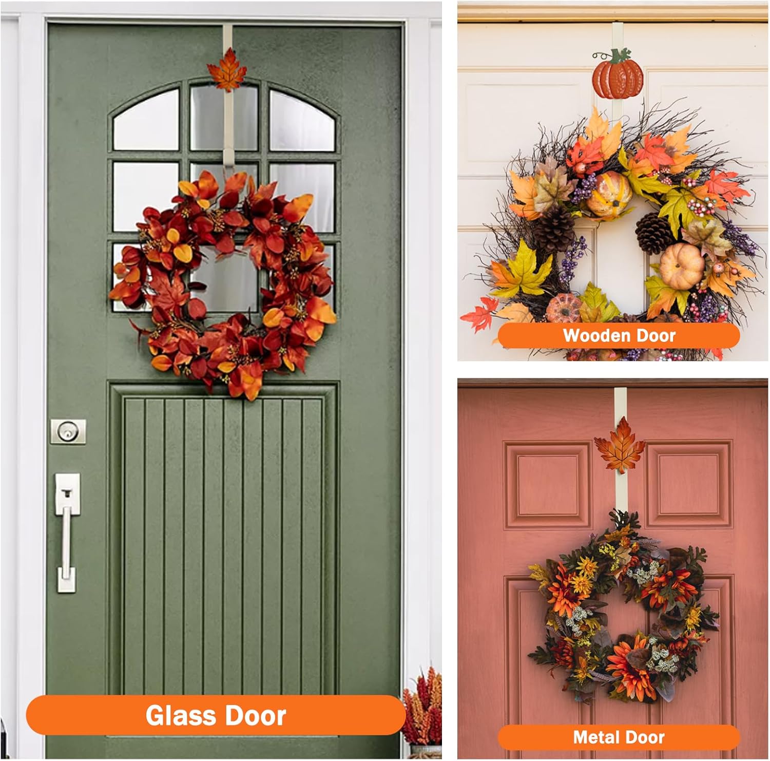 2 Pack Metal Wreath Hangers for Front Door, Pumpkin&Maple Leaves Fall Wreath Door Hanger Over The Door Single Wreath Hanger, Halloween Wreath Hanger Ornament Fall Decoration Wreath Hangers(burgundy)