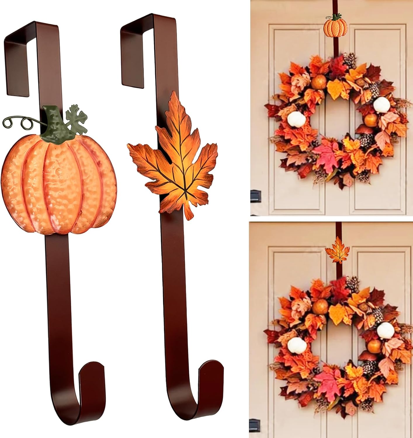 2 Pack Metal Wreath Hangers for Front Door, Pumpkin&Maple Leaves Fall Wreath Door Hanger Over The Door Single Wreath Hanger, Halloween Wreath Hanger Ornament Fall Decoration Wreath Hangers(burgundy)