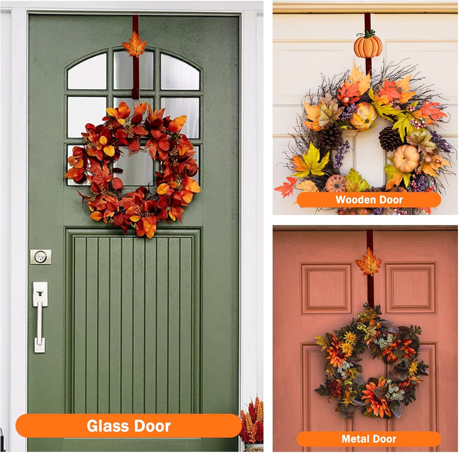 2 Pack Metal Wreath Hangers for Front Door, Pumpkin&Maple Leaves Fall Wreath Door Hanger Over The Door Single Wreath Hanger, Halloween Wreath Hanger Ornament Fall Decoration Wreath Hangers(burgundy)