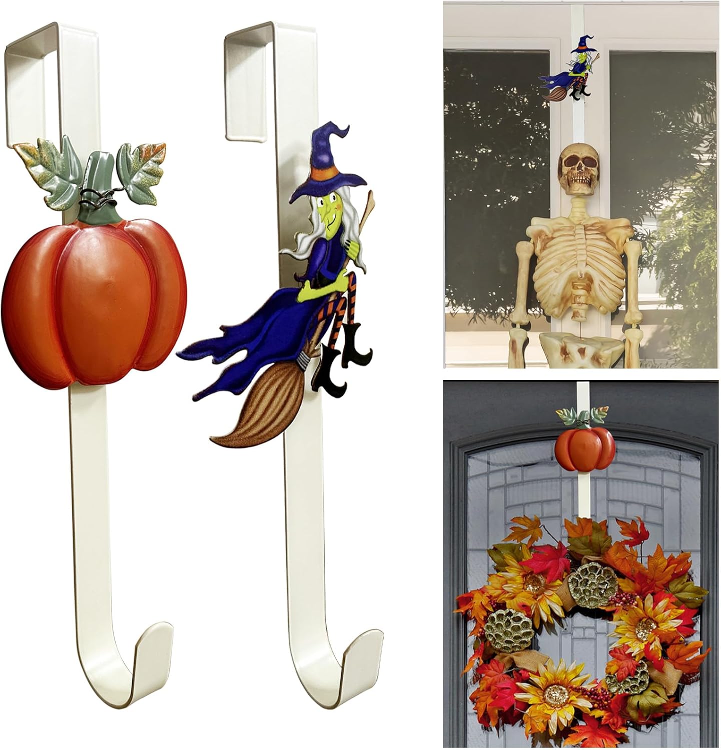 2 Pack Fall Wreath Door Hanger with Pumpkin & Witch, Fall Decoration Metal Over The Door Single Halloween Wreath Hanger Ornament Halloween Wreath Hangers for Front Door,Door Wreath Hanger