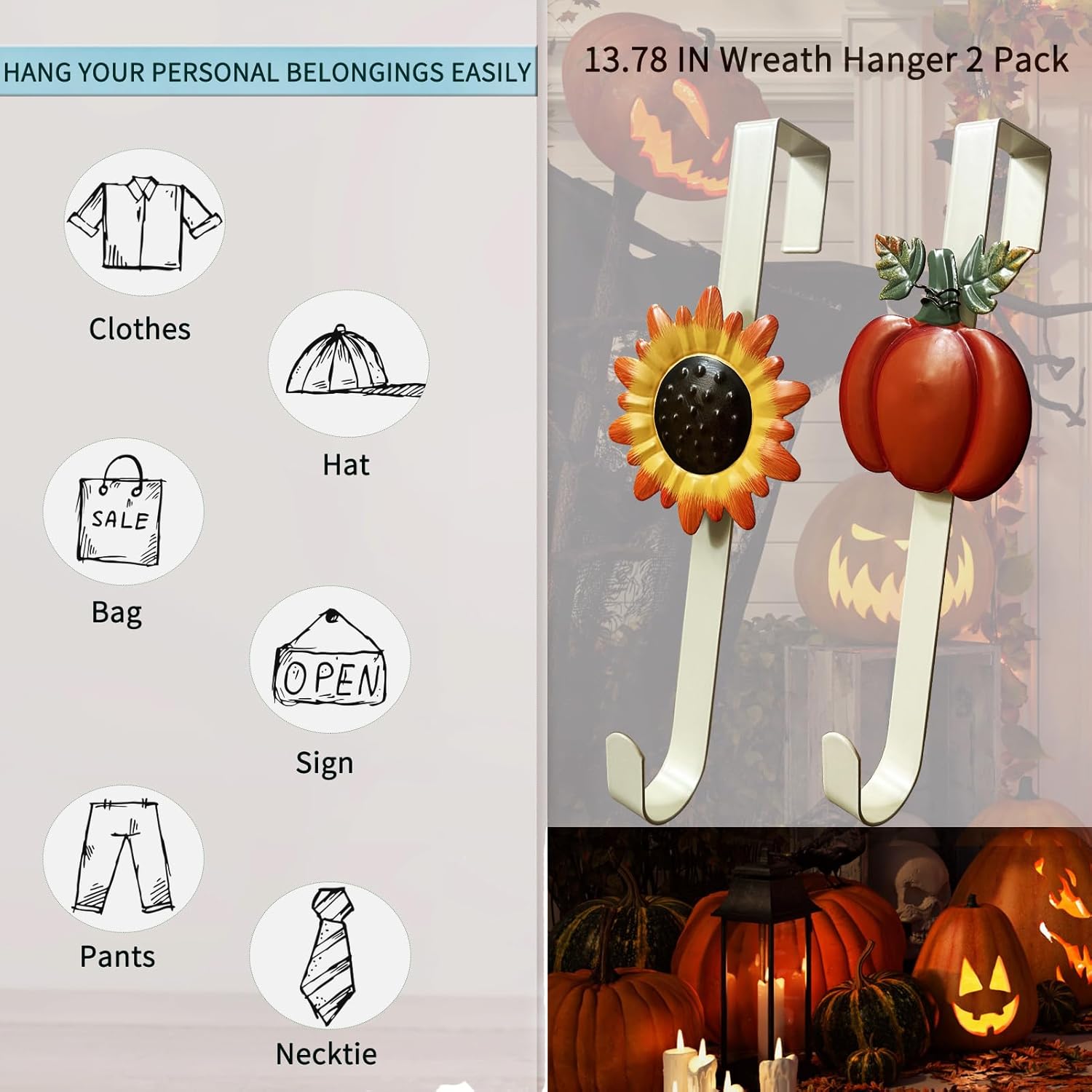 2 Pack Fall Wreath Door Hanger with Pumpkin & Witch, Fall Decoration Metal Over The Door Single Halloween Wreath Hanger Ornament Halloween Wreath Hangers for Front Door,Door Wreath Hanger