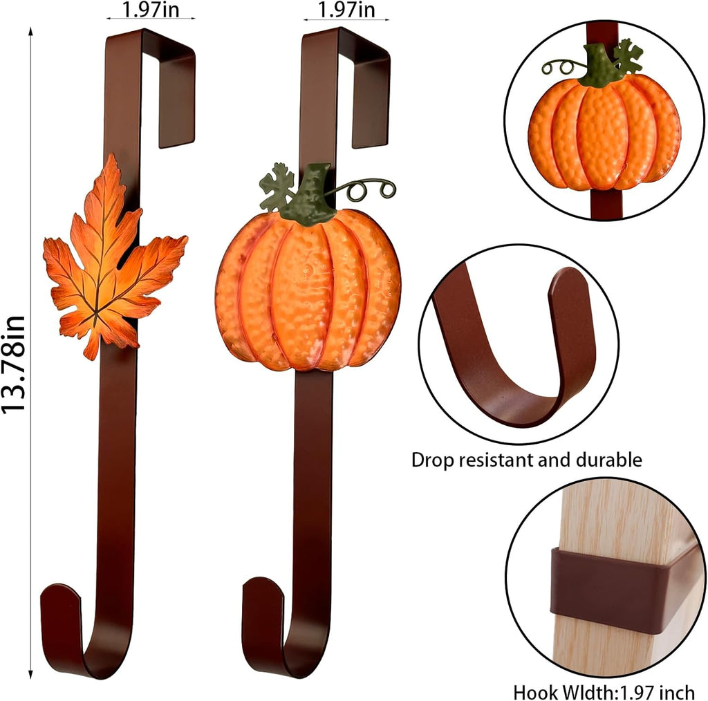 2 Pack Metal Wreath Hangers for Front Door, Pumpkin&Maple Leaves Fall Wreath Door Hanger Over The Door Single Wreath Hanger, Halloween Wreath Hanger Ornament Fall Decoration Wreath Hangers(burgundy)