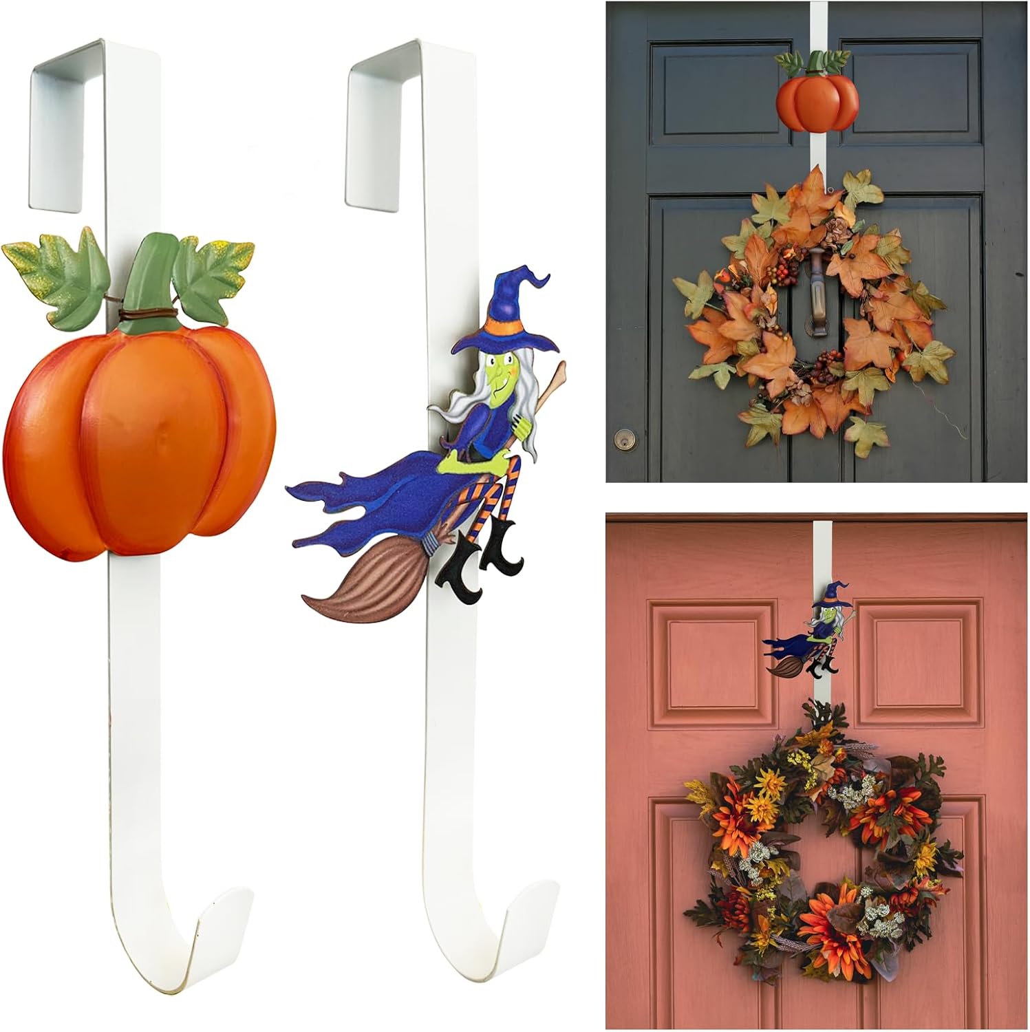 2 Pack Metal Wreath Hangers for Front Door, Pumpkin&Maple Leaves Fall Wreath Door Hanger Over The Door Single Wreath Hanger, Halloween Wreath Hanger Ornament Fall Decoration Wreath Hangers(burgundy)