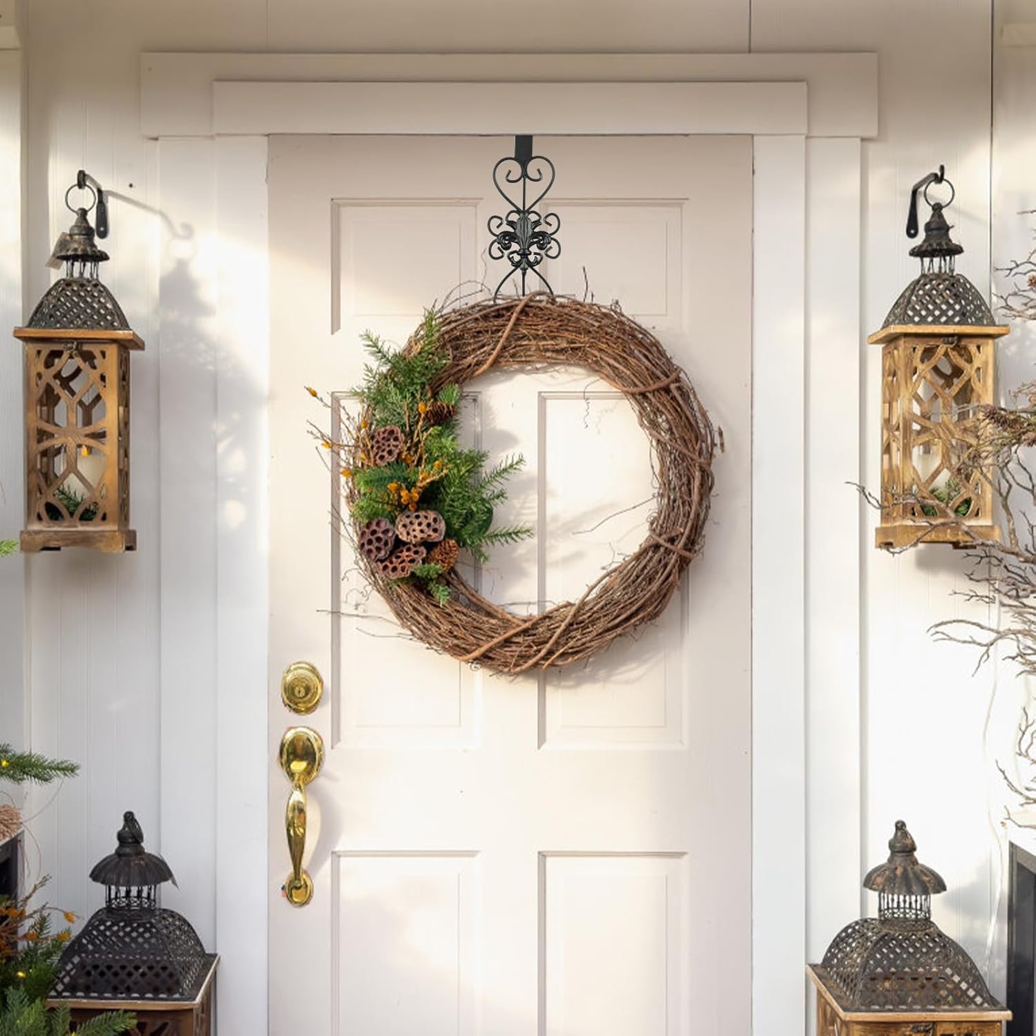 Black Wreath Hanger for Front Door - Elegant, Heavy Duty Metal Design, 15.5" - Decor for Easter, Christmas