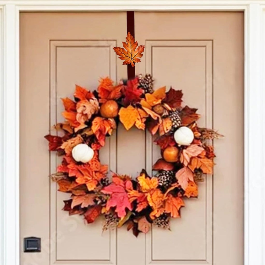 2 Pack Metal Wreath Hangers for Front Door, Pumpkin&Maple Leaves Fall Wreath Door Hanger Over The Door Single Wreath Hanger, Halloween Wreath Hanger Ornament Fall Decoration Wreath Hangers(burgundy)