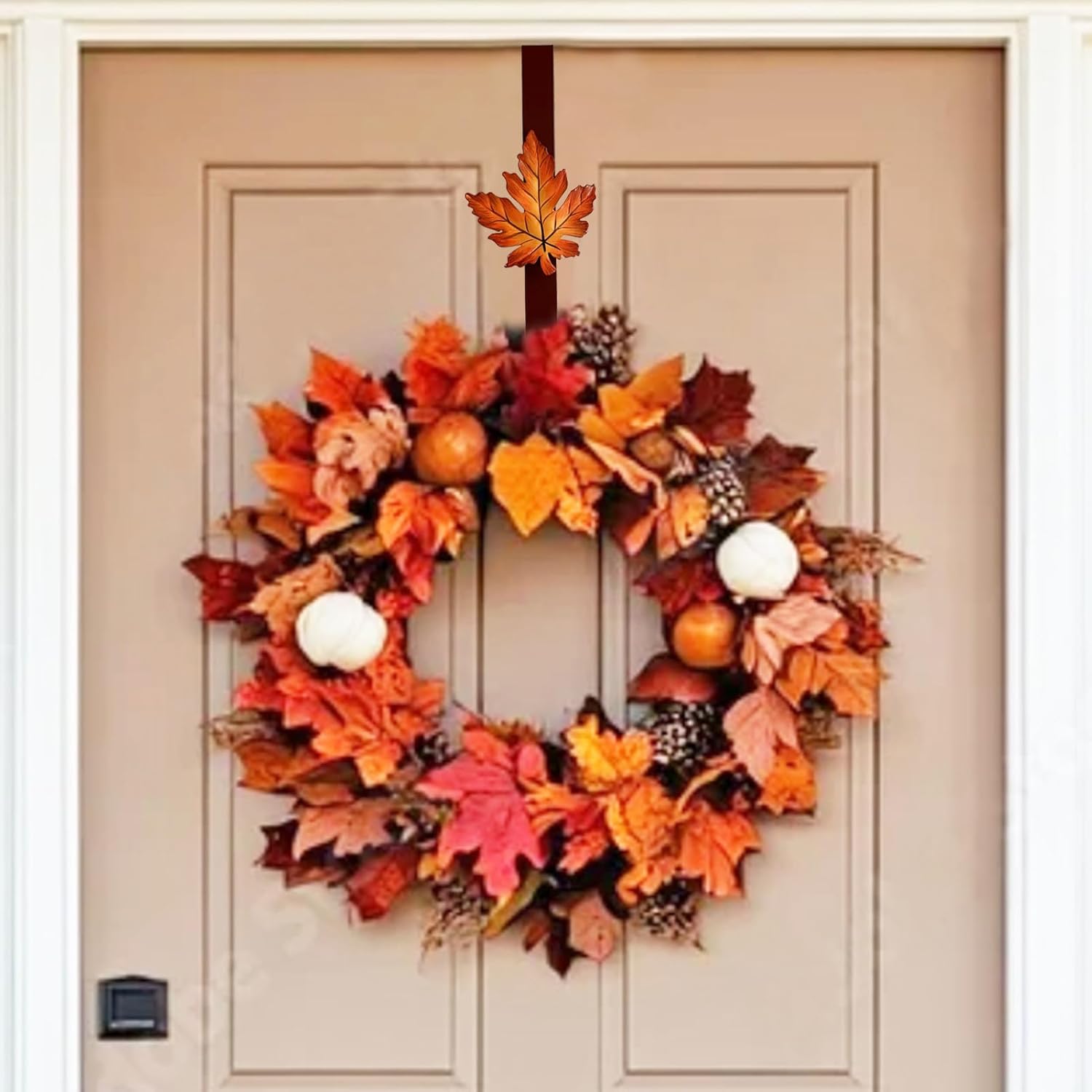 2 Pack Metal Wreath Hangers for Front Door, Pumpkin&Maple Leaves Fall Wreath Door Hanger Over The Door Single Wreath Hanger, Halloween Wreath Hanger Ornament Fall Decoration Wreath Hangers(burgundy)