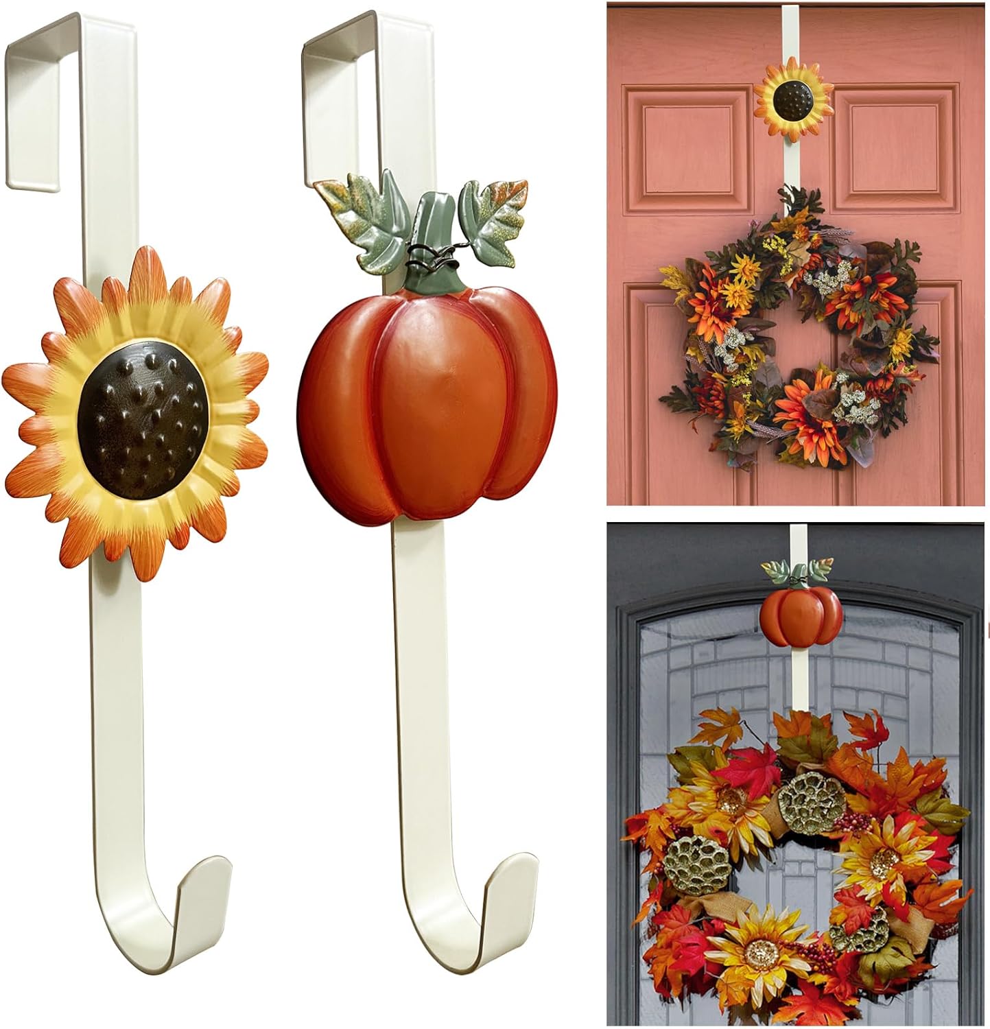 2 Pack Fall Wreath Door Hanger with Pumpkin & Witch, Fall Decoration Metal Over The Door Single Halloween Wreath Hanger Ornament Halloween Wreath Hangers for Front Door,Door Wreath Hanger