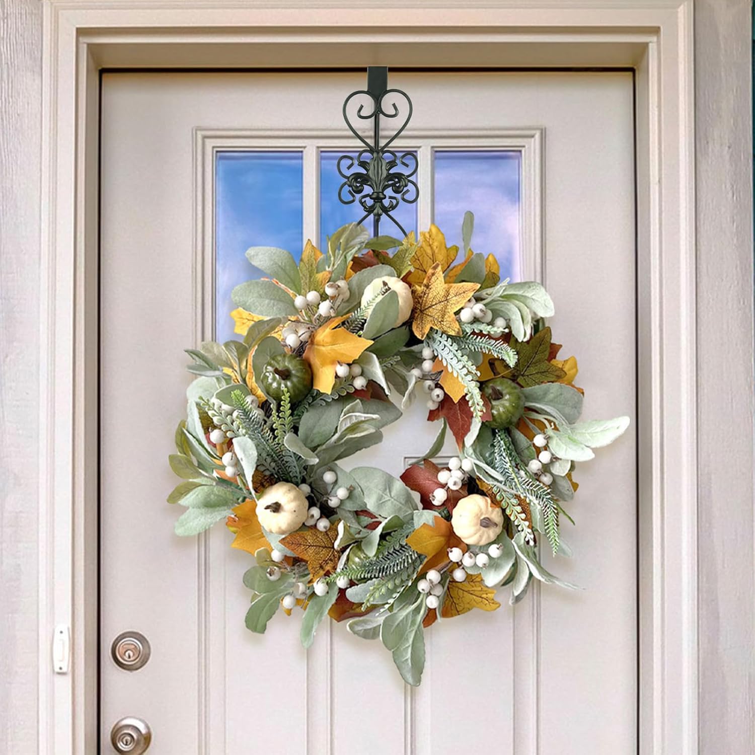 Black Wreath Hanger for Front Door - Elegant, Heavy Duty Metal Design, 15.5" - Decor for Easter, Christmas