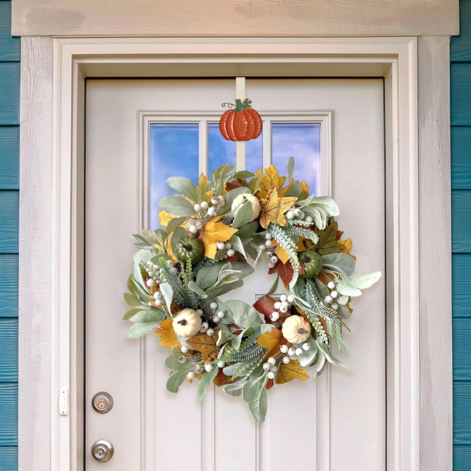 2 Pack Metal Wreath Hangers for Front Door, Pumpkin&Maple Leaves Fall Wreath Door Hanger Over The Door Single Wreath Hanger, Halloween Wreath Hanger Ornament Fall Decoration Wreath Hangers(burgundy)