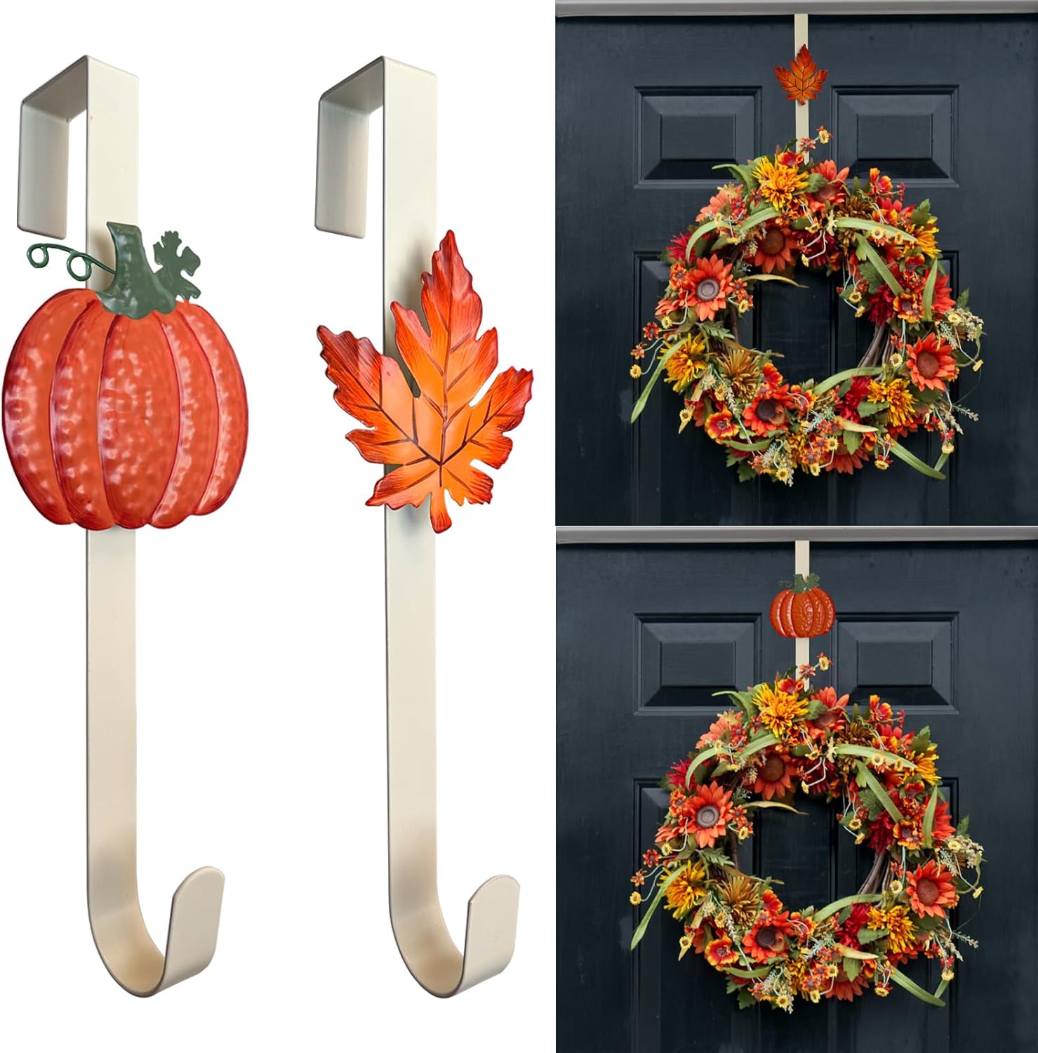 2 Pack Metal Wreath Hangers for Front Door, Pumpkin&Maple Leaves Fall Wreath Door Hanger Over The Door Single Wreath Hanger, Halloween Wreath Hanger Ornament Fall Decoration Wreath Hangers(burgundy)