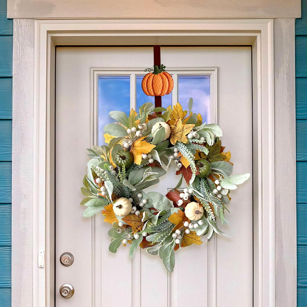 2 Pack Metal Wreath Hangers for Front Door, Pumpkin&Maple Leaves Fall Wreath Door Hanger Over The Door Single Wreath Hanger, Halloween Wreath Hanger Ornament Fall Decoration Wreath Hangers(burgundy)