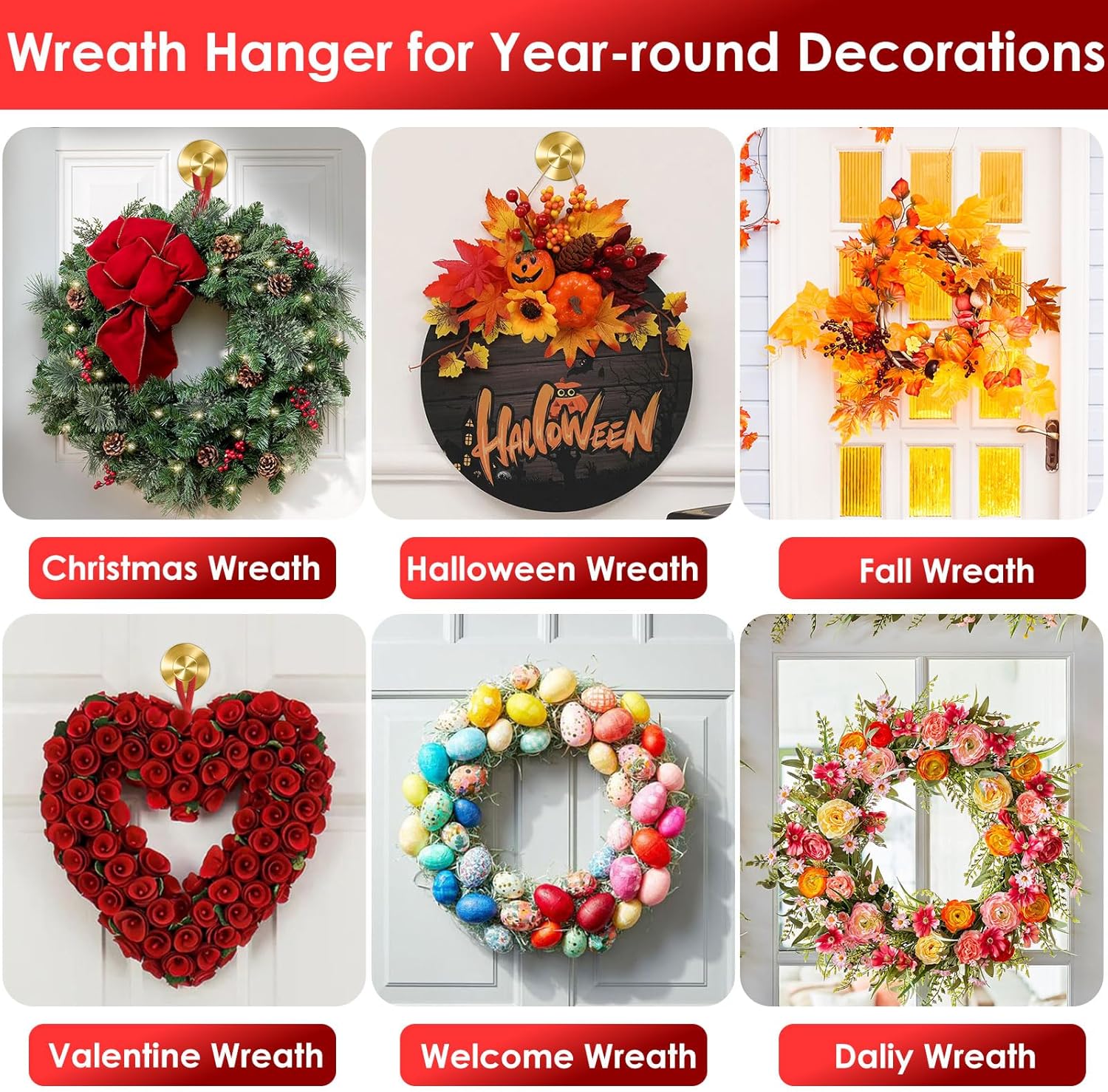 Gold Wreath-Hanger, 22 LB Strong Stainless Steel Suction-Cup-Wreath-Hooks, 2 Pack Wreath-Door-Hanger Fall Halloween Christmas Decorations, Welcome Sign for Front Door Indoor Outdoor, Reusable Holder