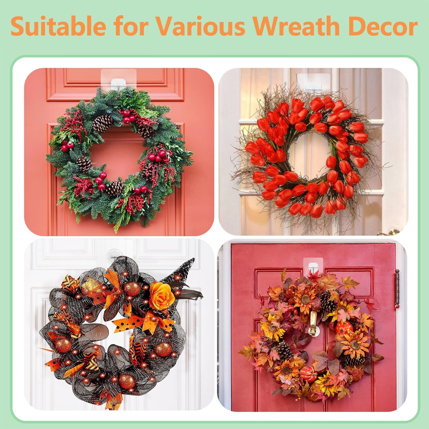 Wreath Hangers for Front Door,Large Adhesive Wall-Hooks-for-Hanging-Heavy-Duty,10 Pack Christmas Halloween Decorations Fall Wreath-Door-Hanger,Over The Door Hooks Organizer,Welcome Sign for Front Door