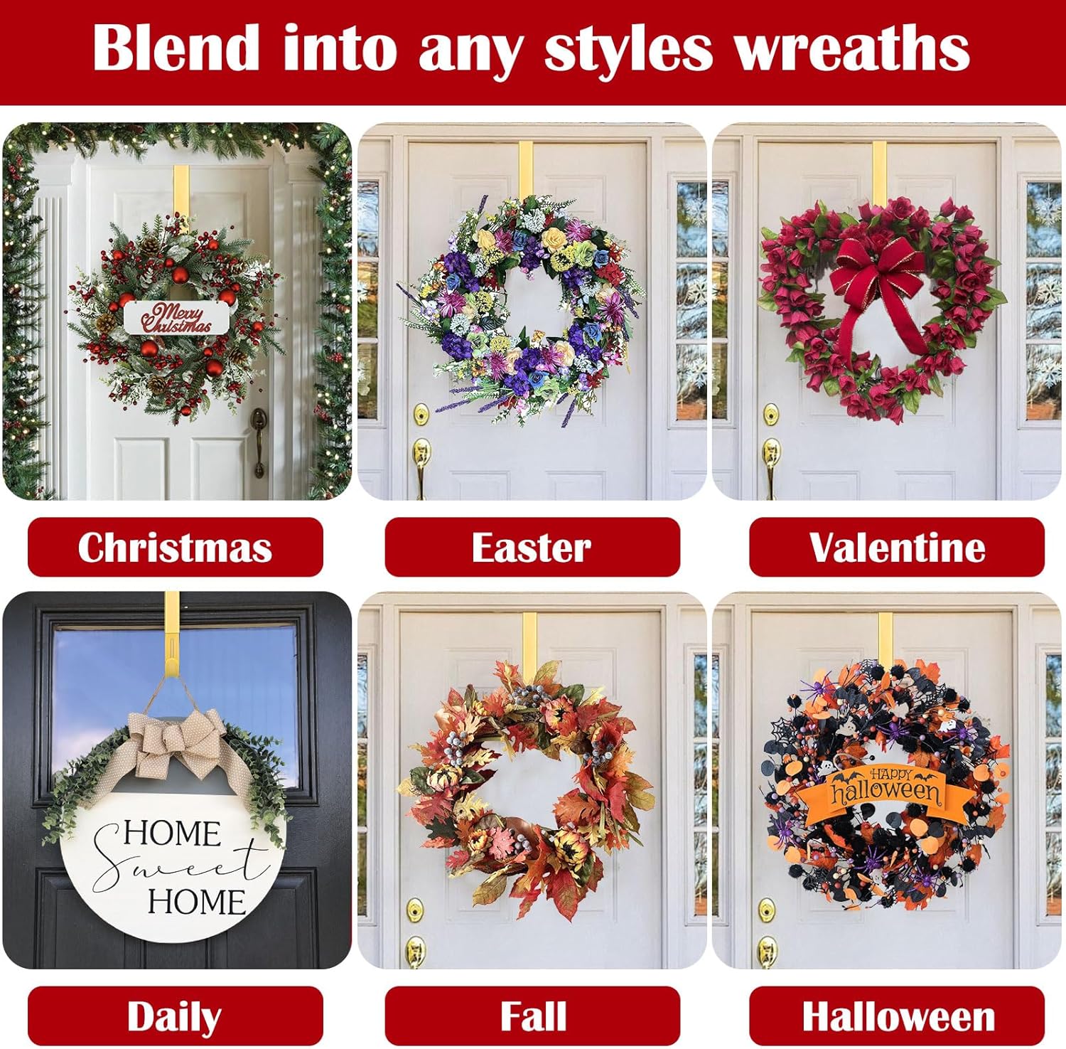 Wreath Door Hanger,Easter Decorations Wreath Hangers for Front Door, Adjustable Over the Door Hooks for Hanging Welcome Sign Length from 15 to 25 Inches,Metal Front Door Porch Apartment Decor