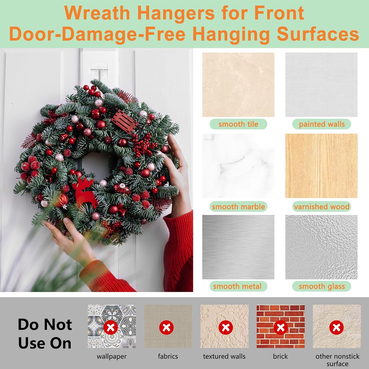 Wreath Hangers for Front Door,Large Adhesive Wall-Hooks-for-Hanging-Heavy-Duty,10 Pack Christmas Halloween Decorations Fall Wreath-Door-Hanger,Over The Door Hooks Organizer,Welcome Sign for Front Door