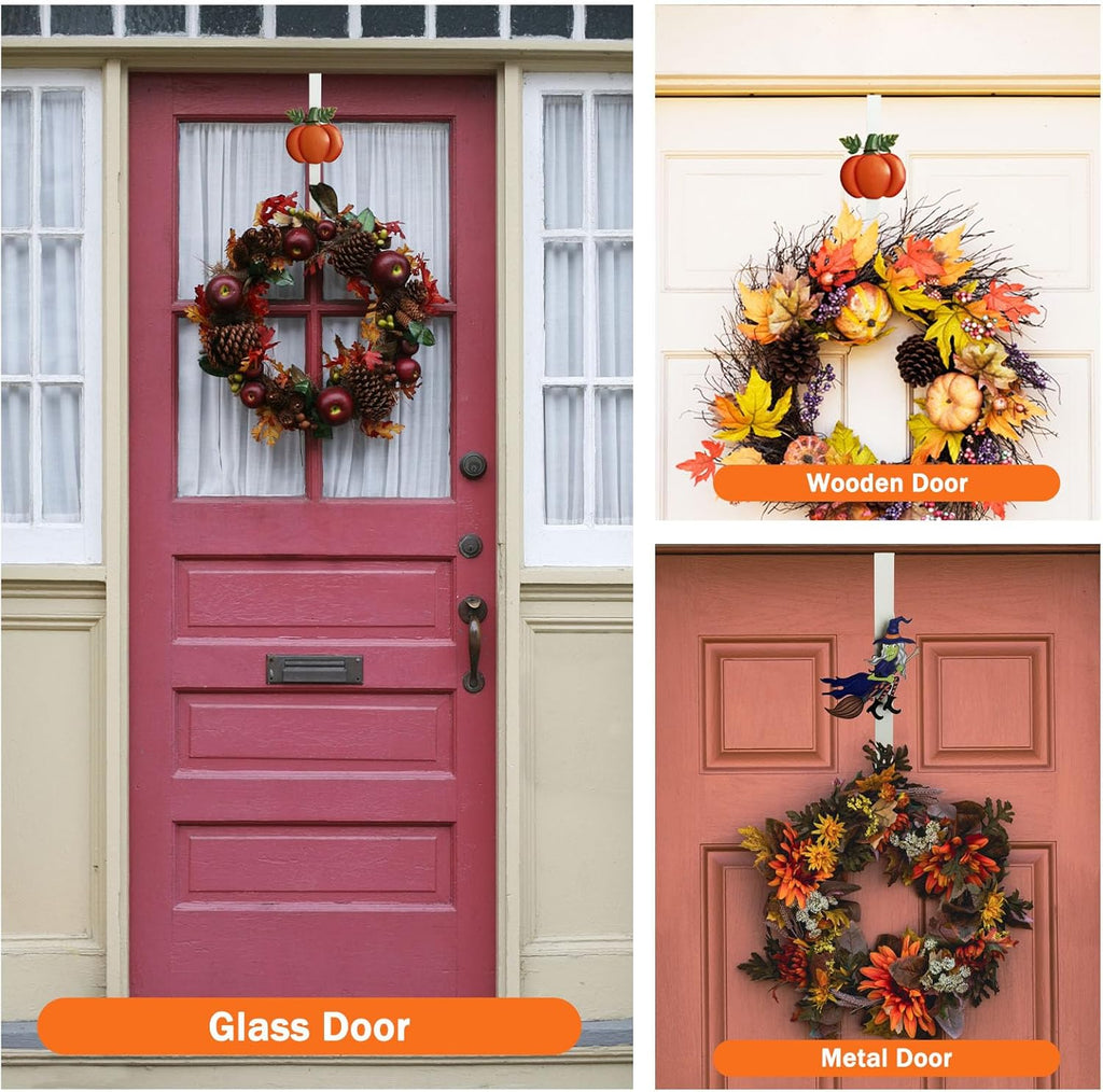 2 Pack Metal Wreath Hangers for Front Door, Pumpkin&Maple Leaves Fall Wreath Door Hanger Over The Door Single Wreath Hanger, Halloween Wreath Hanger Ornament Fall Decoration Wreath Hangers(burgundy)