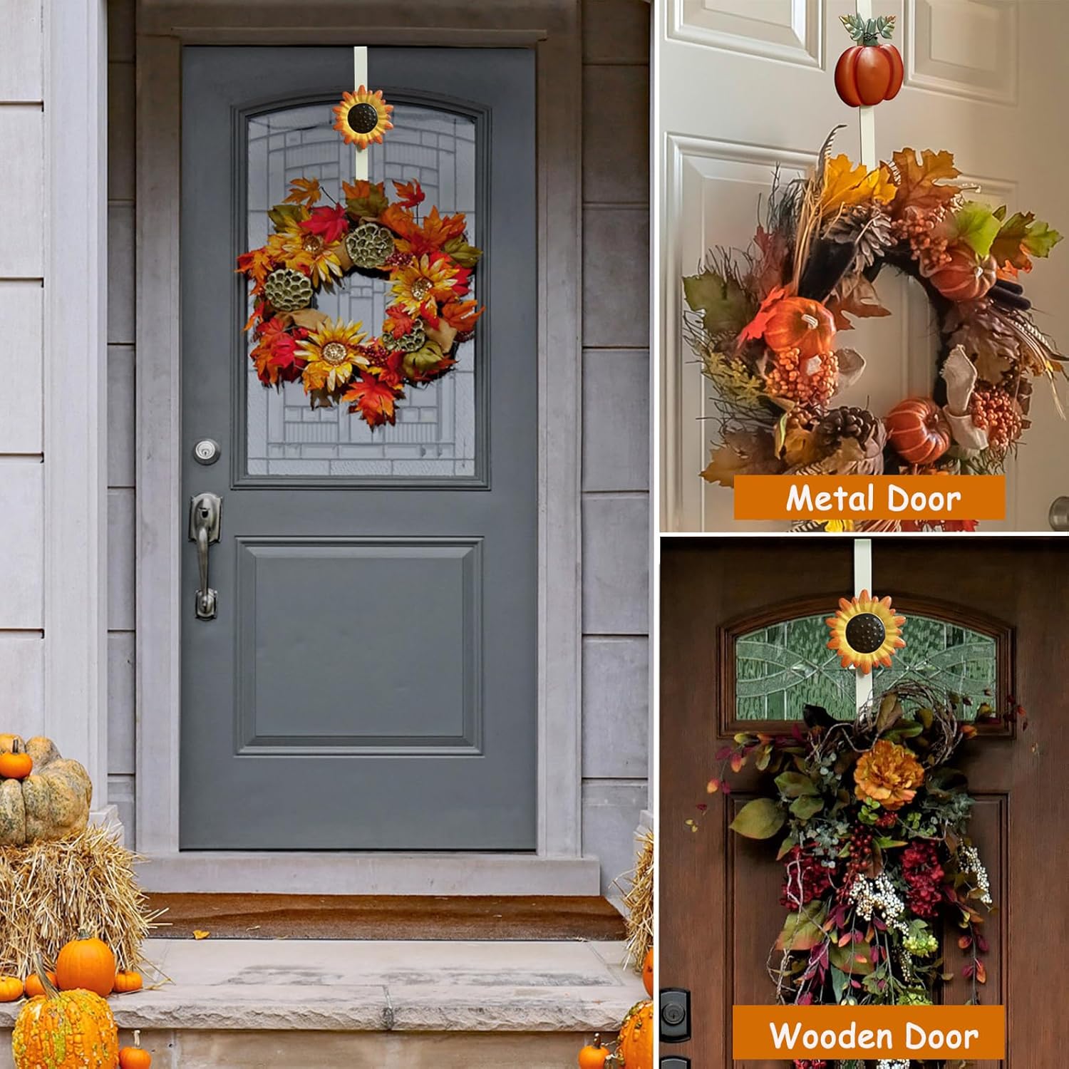 2 Pack Fall Wreath Door Hanger with Pumpkin & Witch, Fall Decoration Metal Over The Door Single Halloween Wreath Hanger Ornament Halloween Wreath Hangers for Front Door,Door Wreath Hanger
