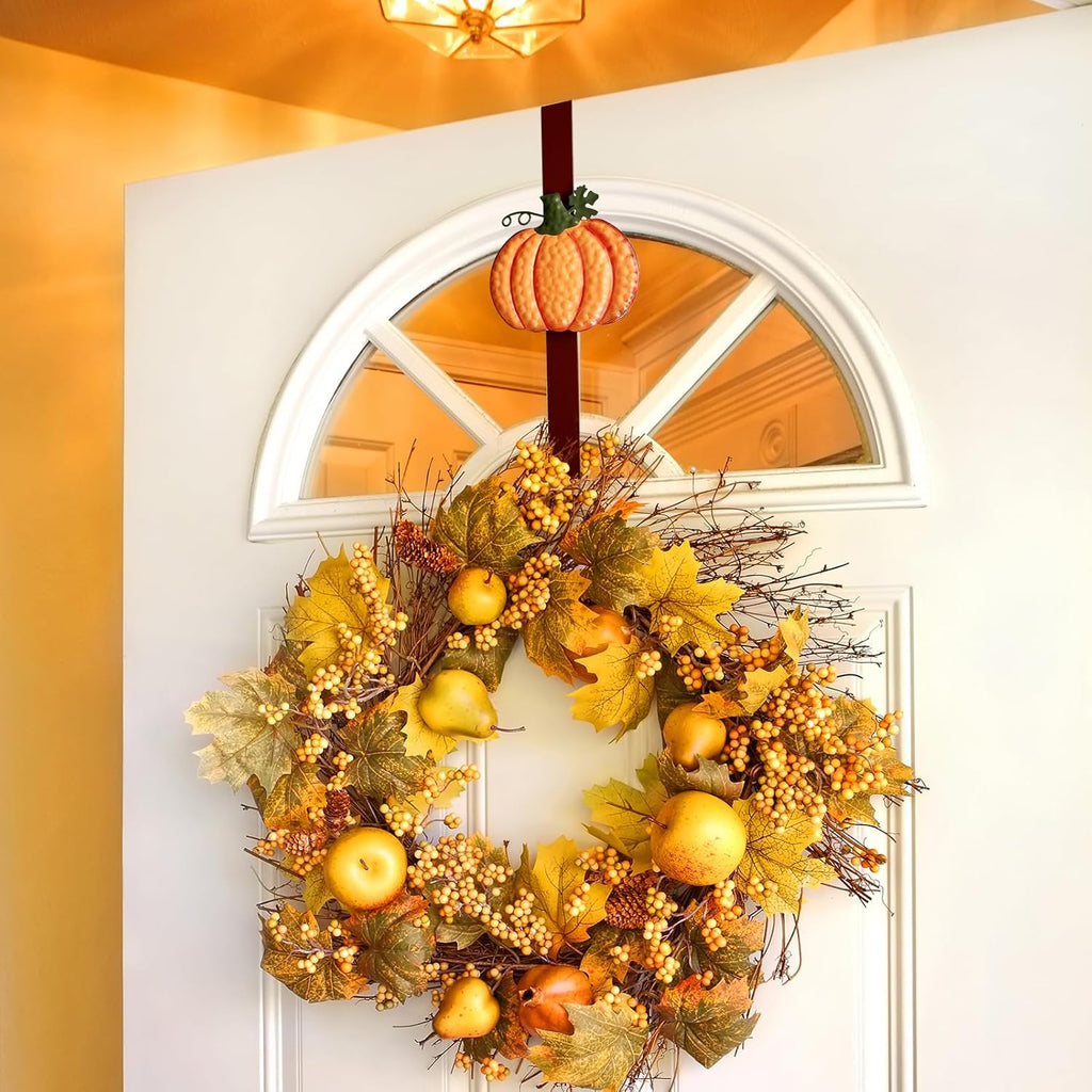 2 Pack Metal Wreath Hangers for Front Door, Pumpkin&Maple Leaves Fall Wreath Door Hanger Over The Door Single Wreath Hanger, Halloween Wreath Hanger Ornament Fall Decoration Wreath Hangers(burgundy)