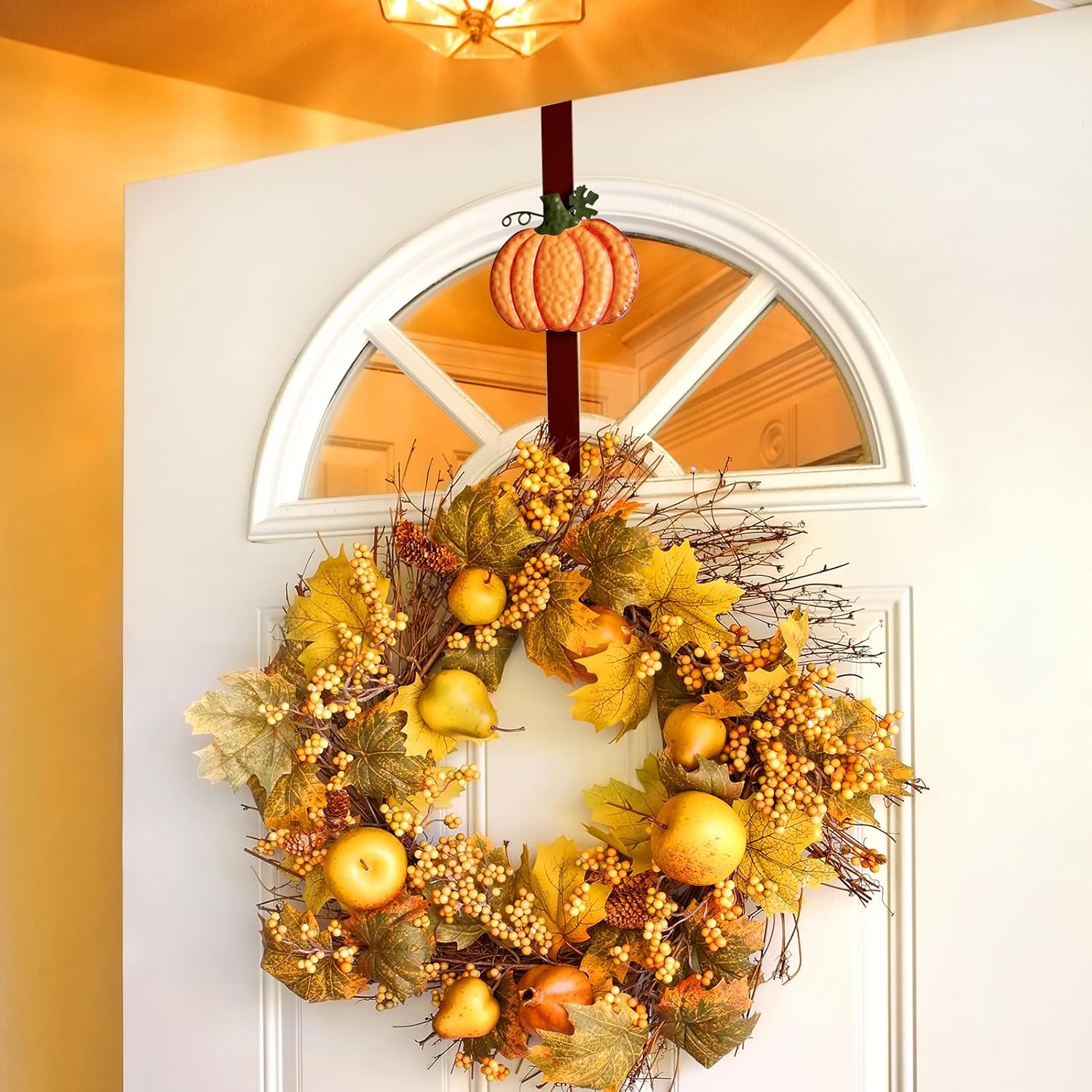 2 Pack Metal Wreath Hangers for Front Door, Pumpkin&Maple Leaves Fall Wreath Door Hanger Over The Door Single Wreath Hanger, Halloween Wreath Hanger Ornament Fall Decoration Wreath Hangers(burgundy)