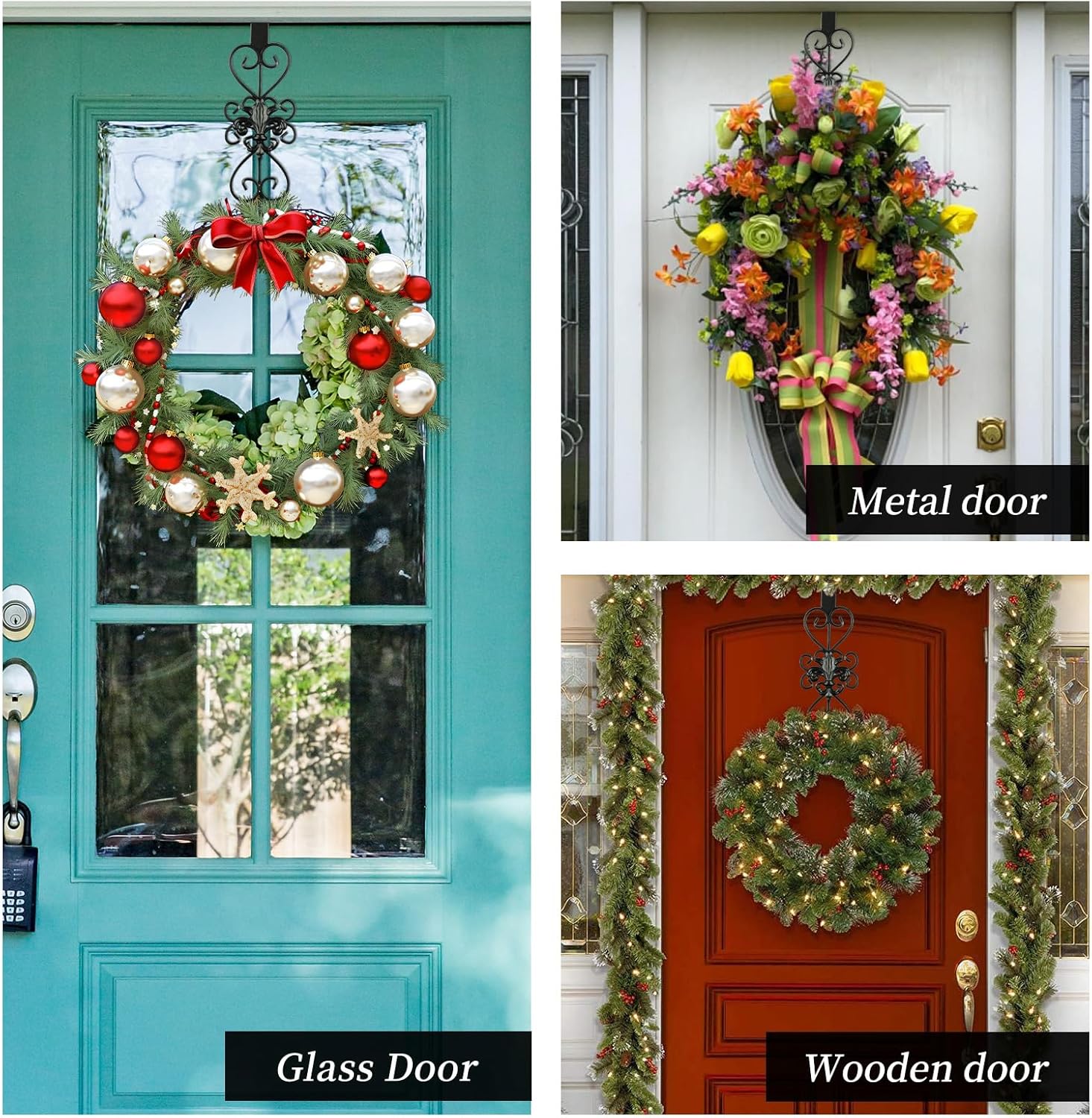 Black Wreath Hanger for Front Door - Elegant, Heavy Duty Metal Design, 15.5" - Decor for Easter, Christmas