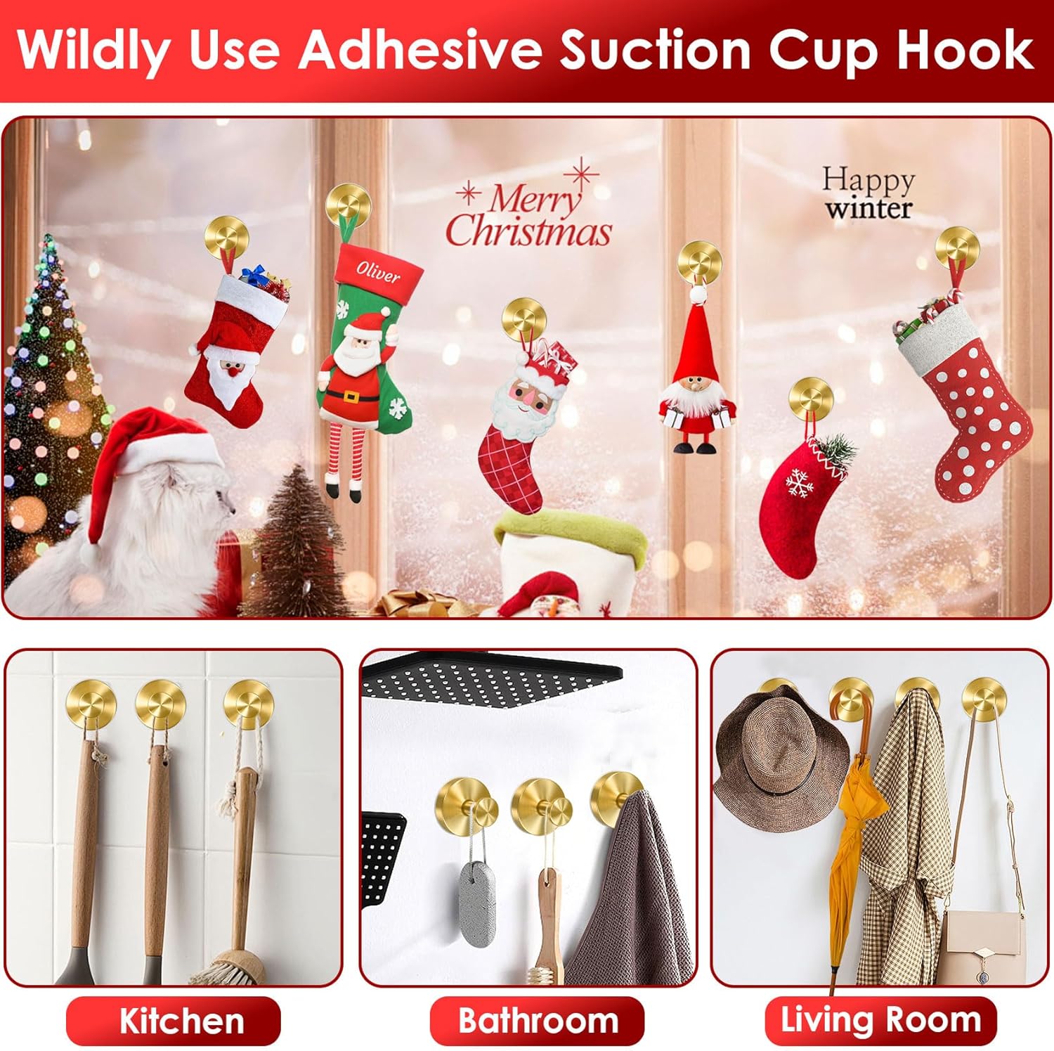 Gold Wreath-Hanger, 22 LB Strong Stainless Steel Suction-Cup-Wreath-Hooks, 2 Pack Wreath-Door-Hanger Fall Halloween Christmas Decorations, Welcome Sign for Front Door Indoor Outdoor, Reusable Holder